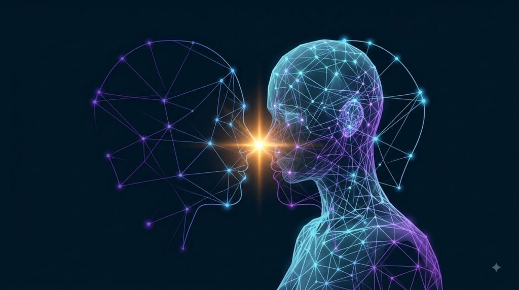 Composición editorial que evoca el Liderazgo Humano Aumentado: lo humano potenciado por la inteligencia artificial
